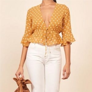 Reformation Faith Butterscotch Polka Dot Blouse Top Size Extra Small